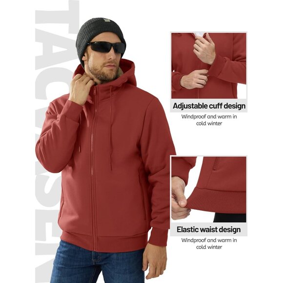 Mens Winter Hoodie Full Zip Fleece Sherpa Lined Warm Red Casual Sweatshirt - Picture 5 of 6